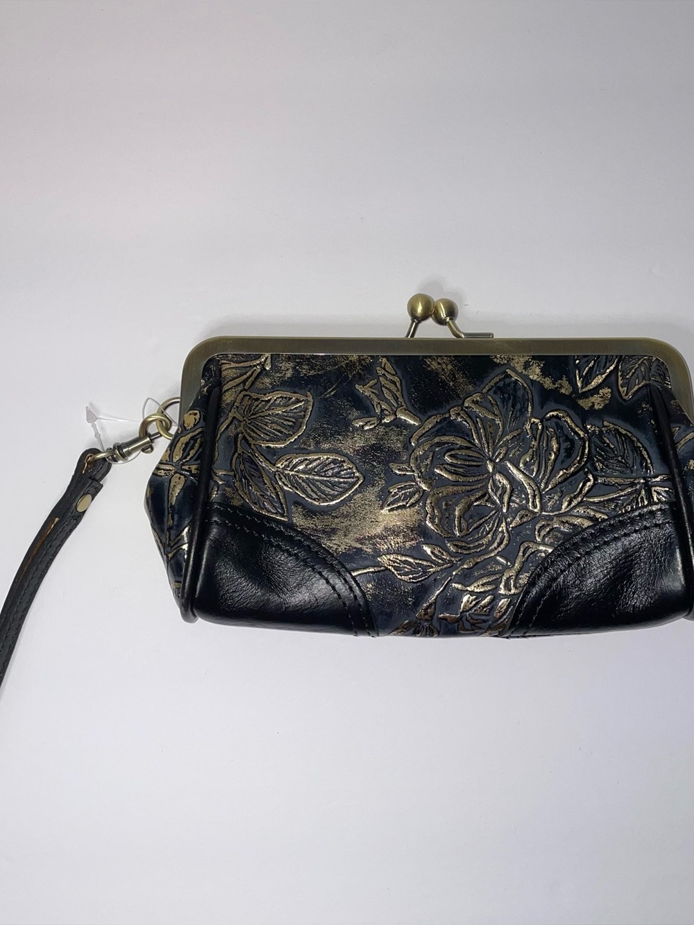Patricia Nash Renna Bark Leaves Wristlet Black and Gold Kisslock